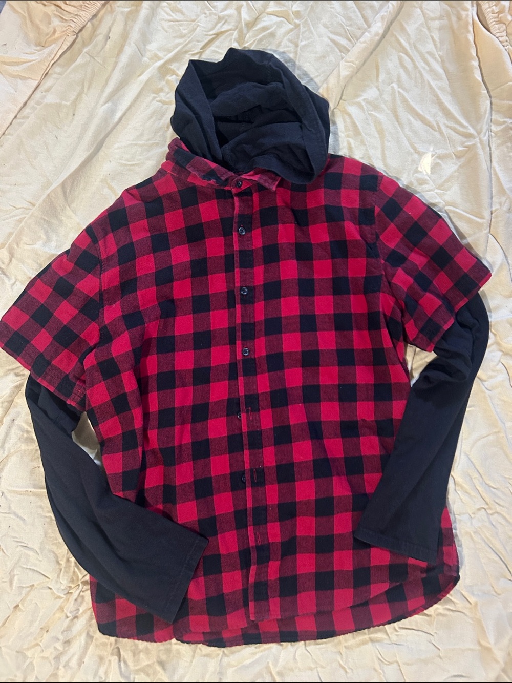Men's Red and Black Buffalo Plaid Hooded Shirt